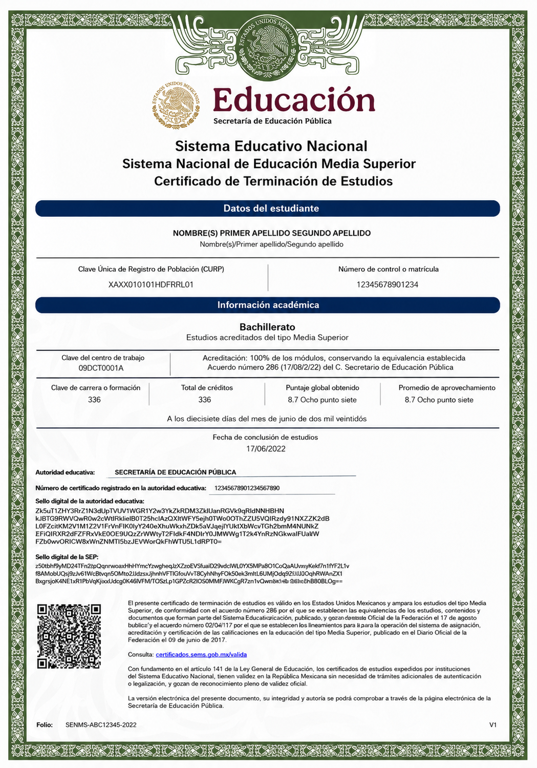 Certificado de Terminación de Estudios — Bachillerato SEP